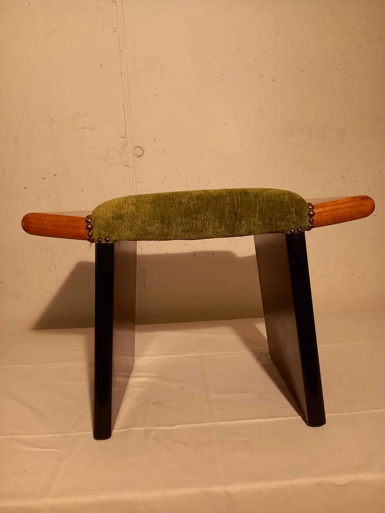 Art Deco wooden stool with green velvet seat, 1940s 2