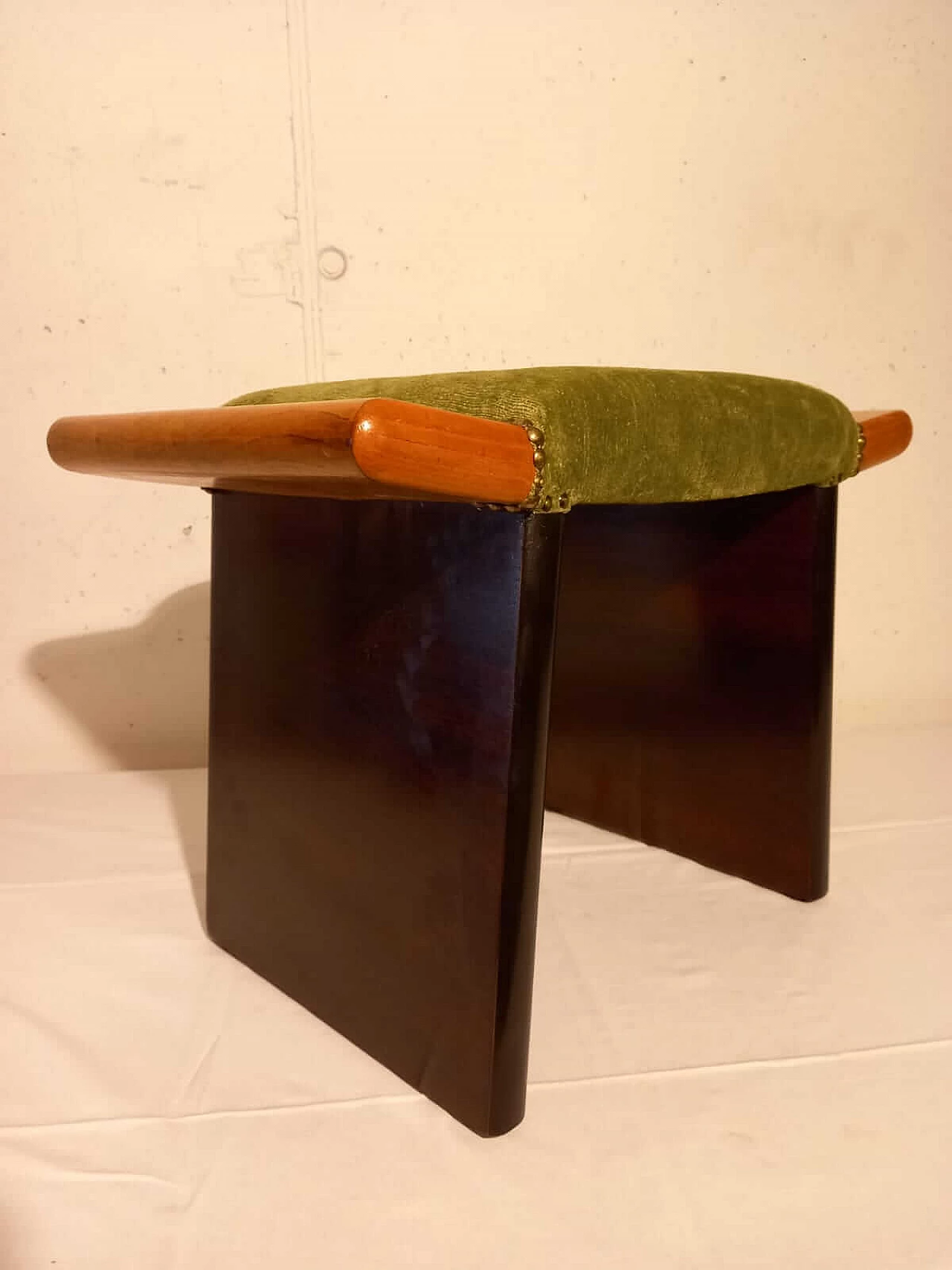 Art Deco wooden stool with green velvet seat, 1940s 3