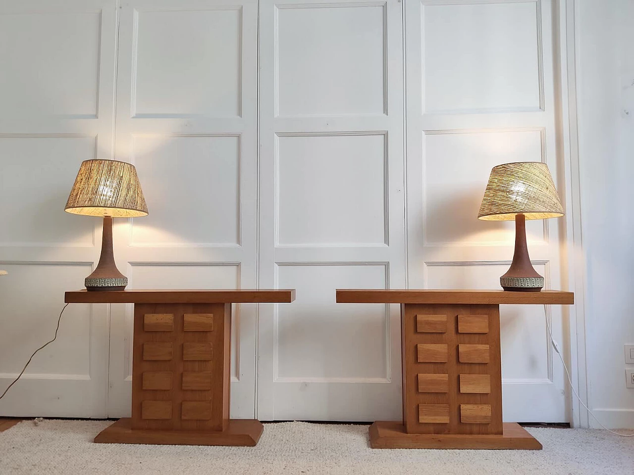 Pair of oak consoles with relief decoration, 1960s 1