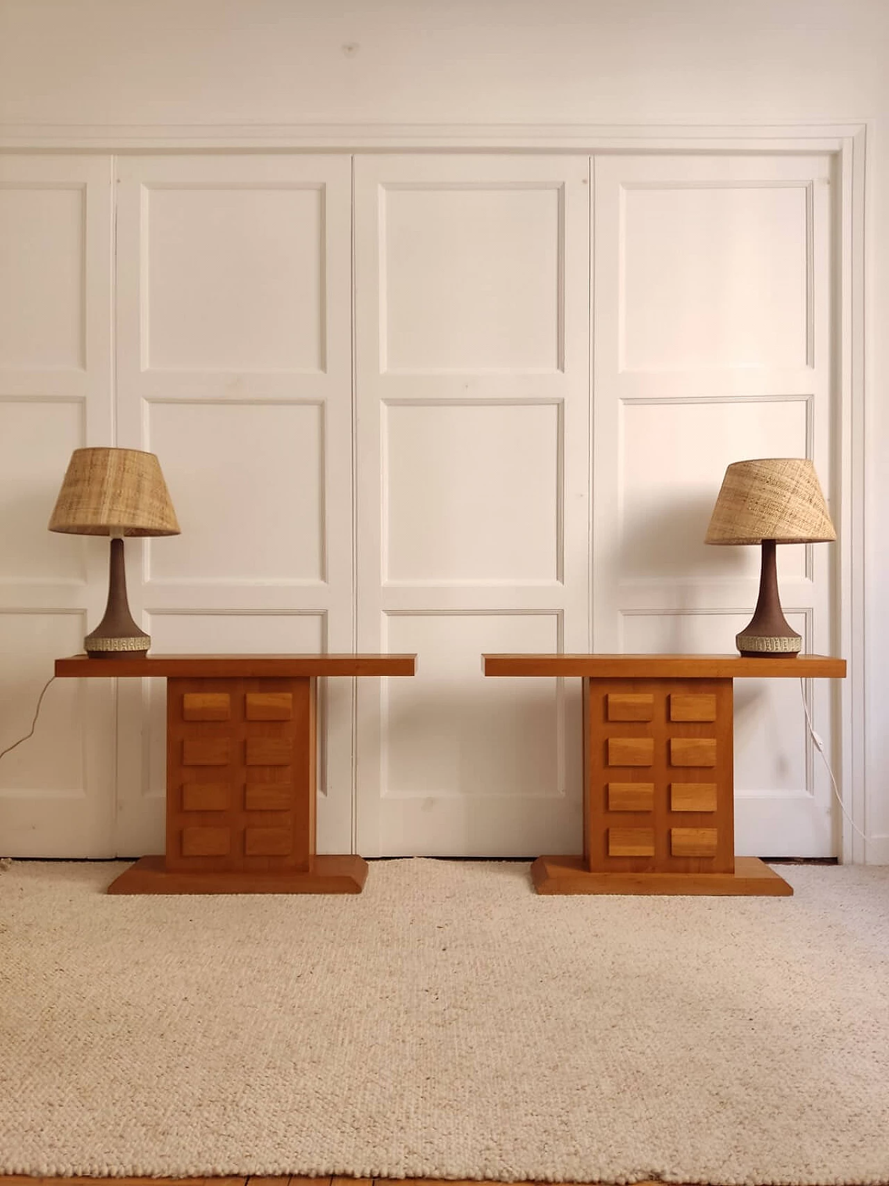 Pair of oak consoles with relief decoration, 1960s 2