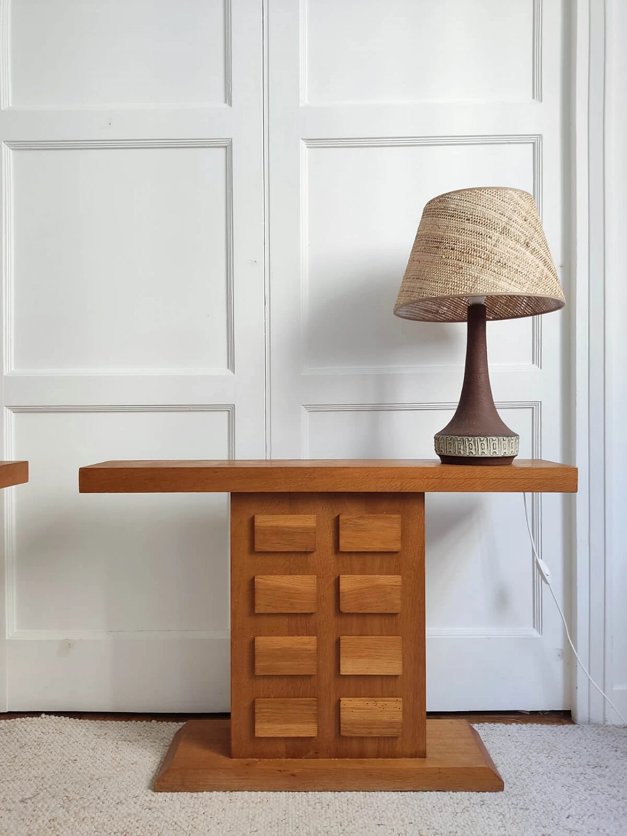 Pair of oak consoles with relief decoration, 1960s 3