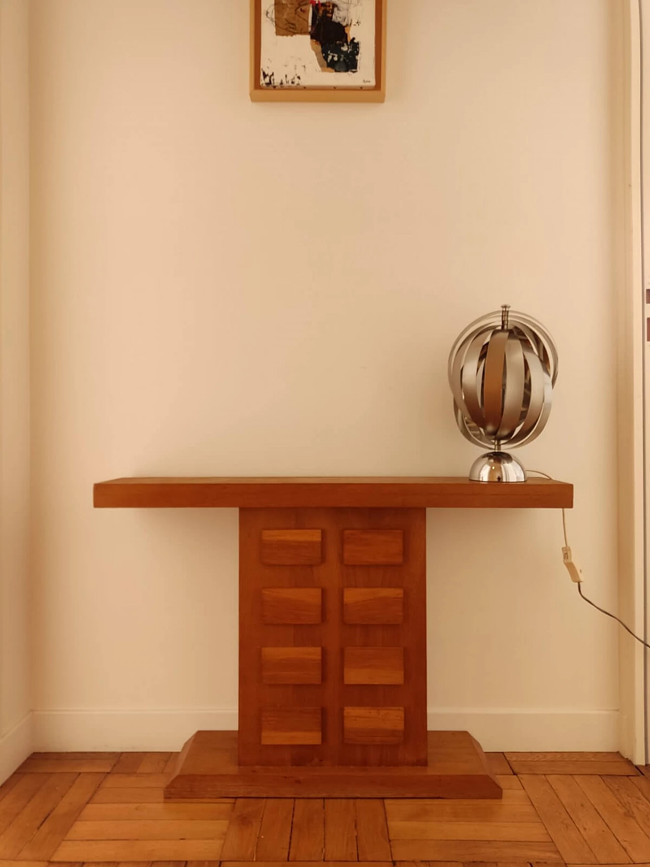 Pair of oak consoles with relief decoration, 1960s 4