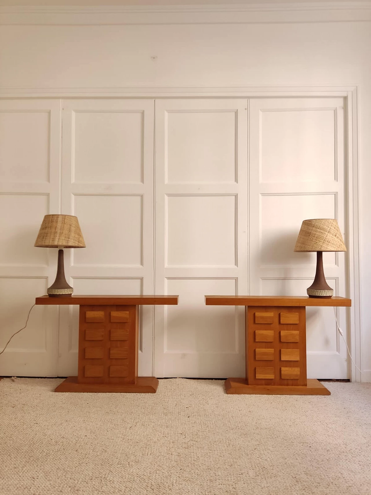 Pair of oak consoles with relief decoration, 1960s 5