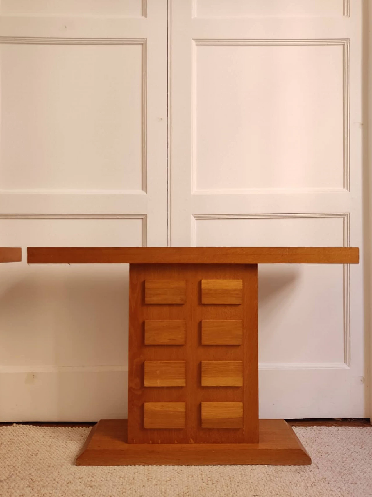 Pair of oak consoles with relief decoration, 1960s 6