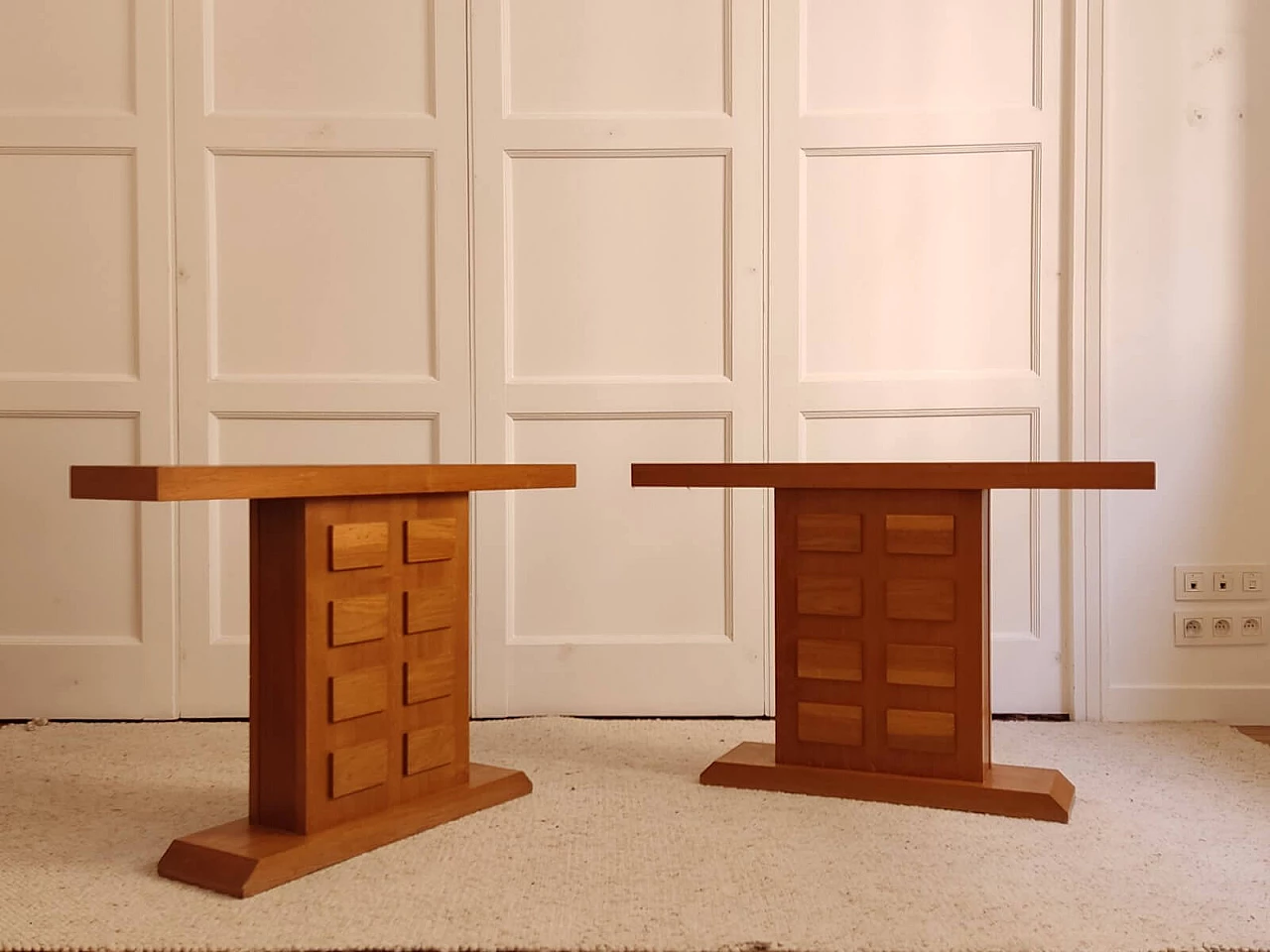 Pair of oak consoles with relief decoration, 1960s 7