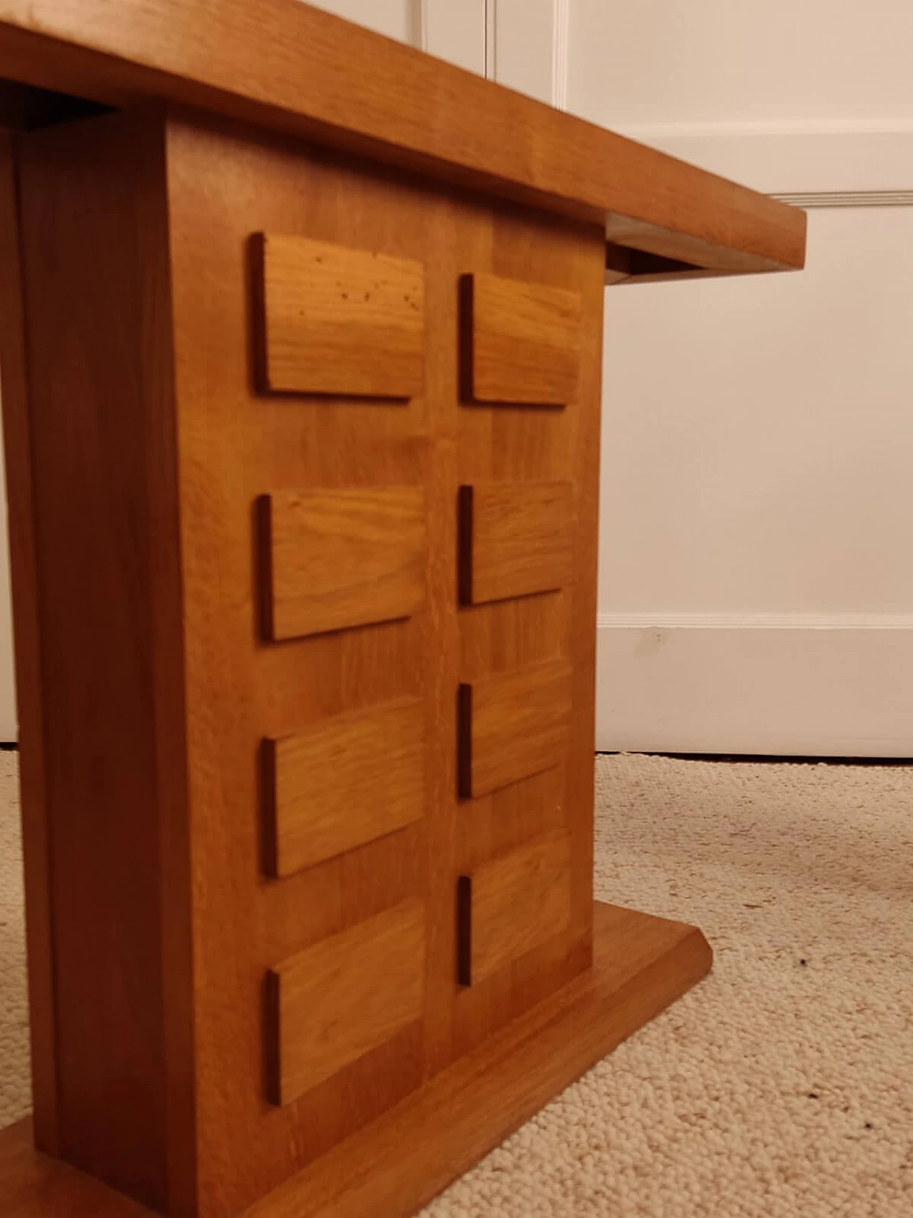 Pair of oak consoles with relief decoration, 1960s 8