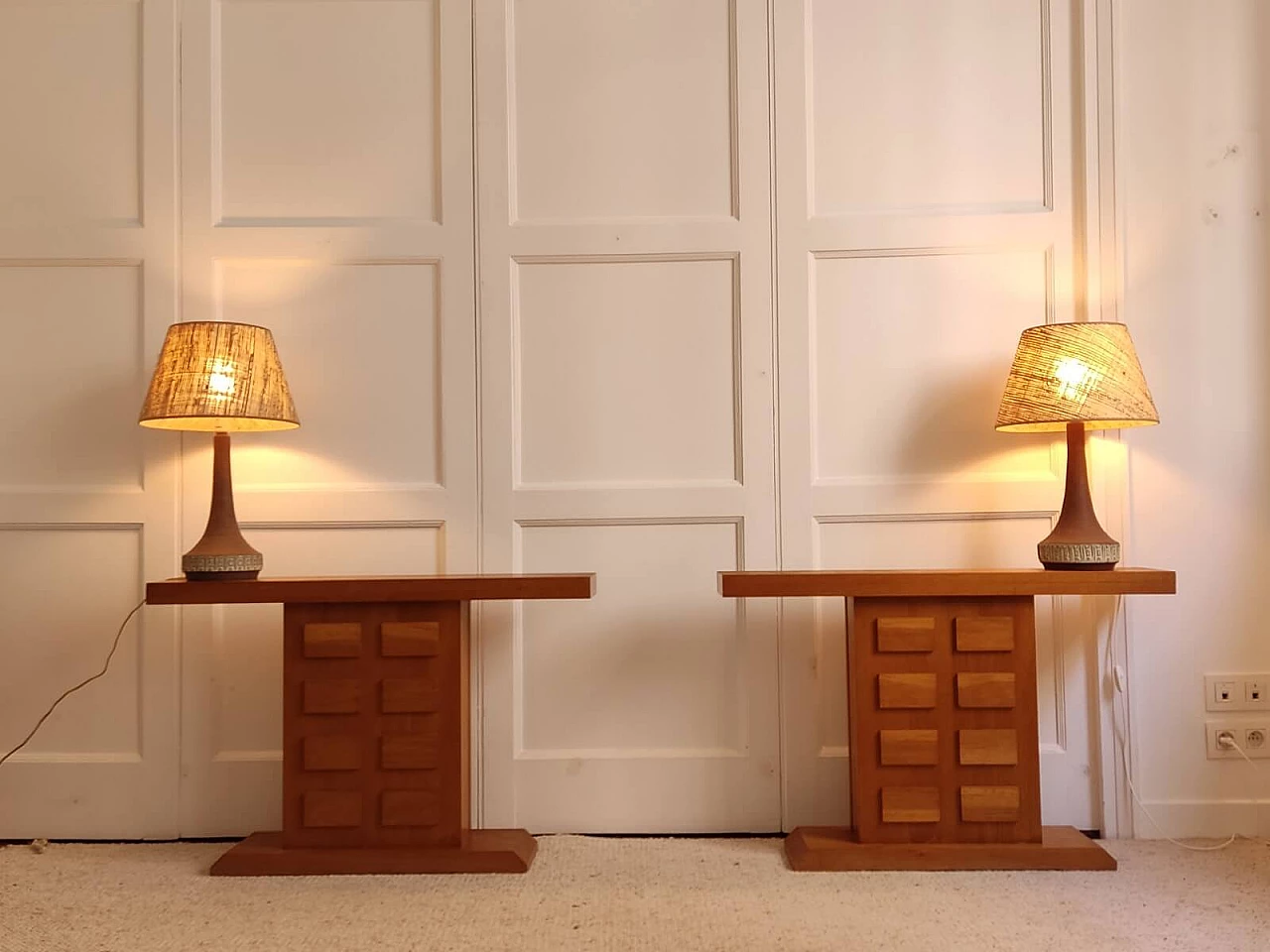 Pair of oak consoles with relief decoration, 1960s 9