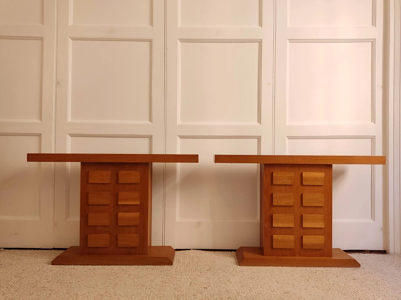 Pair of oak consoles with relief decoration, 1960s 10