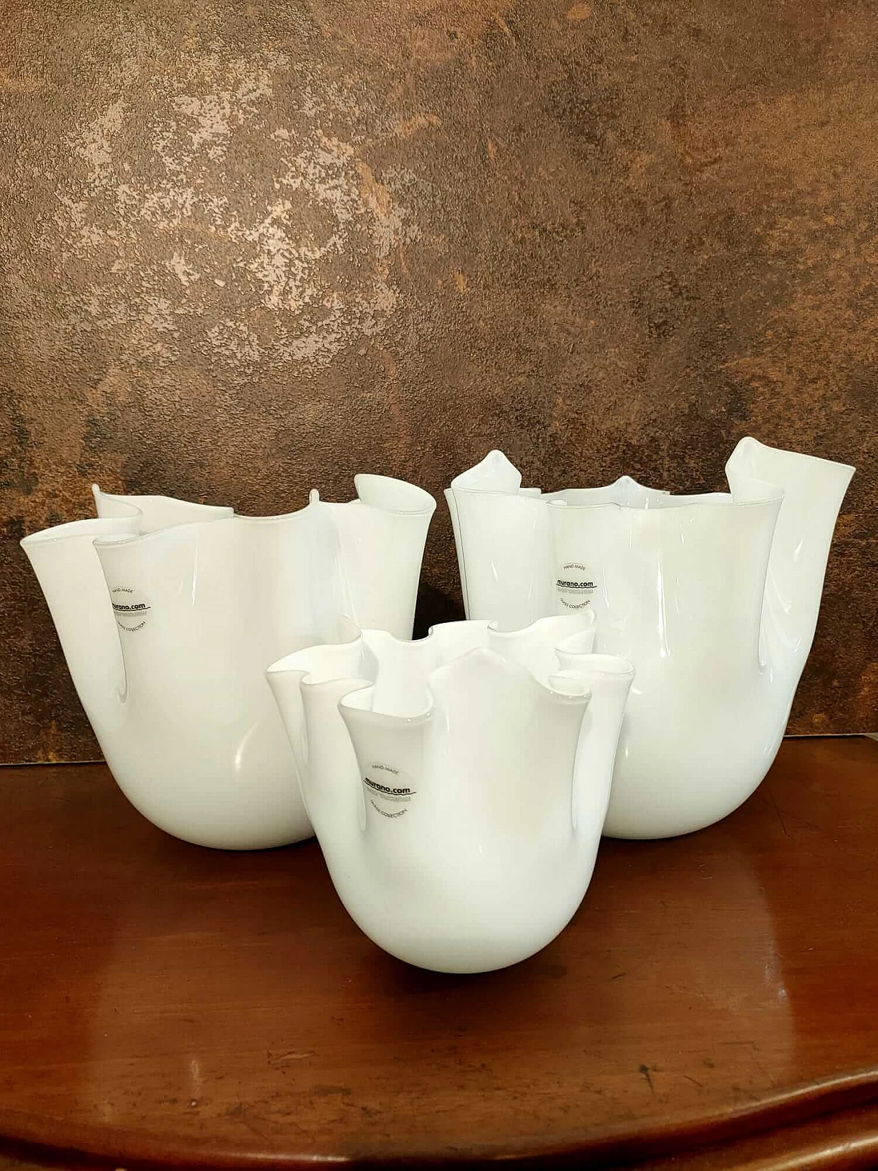 3 Fazzoletto vases in white opaline Murano glass 1