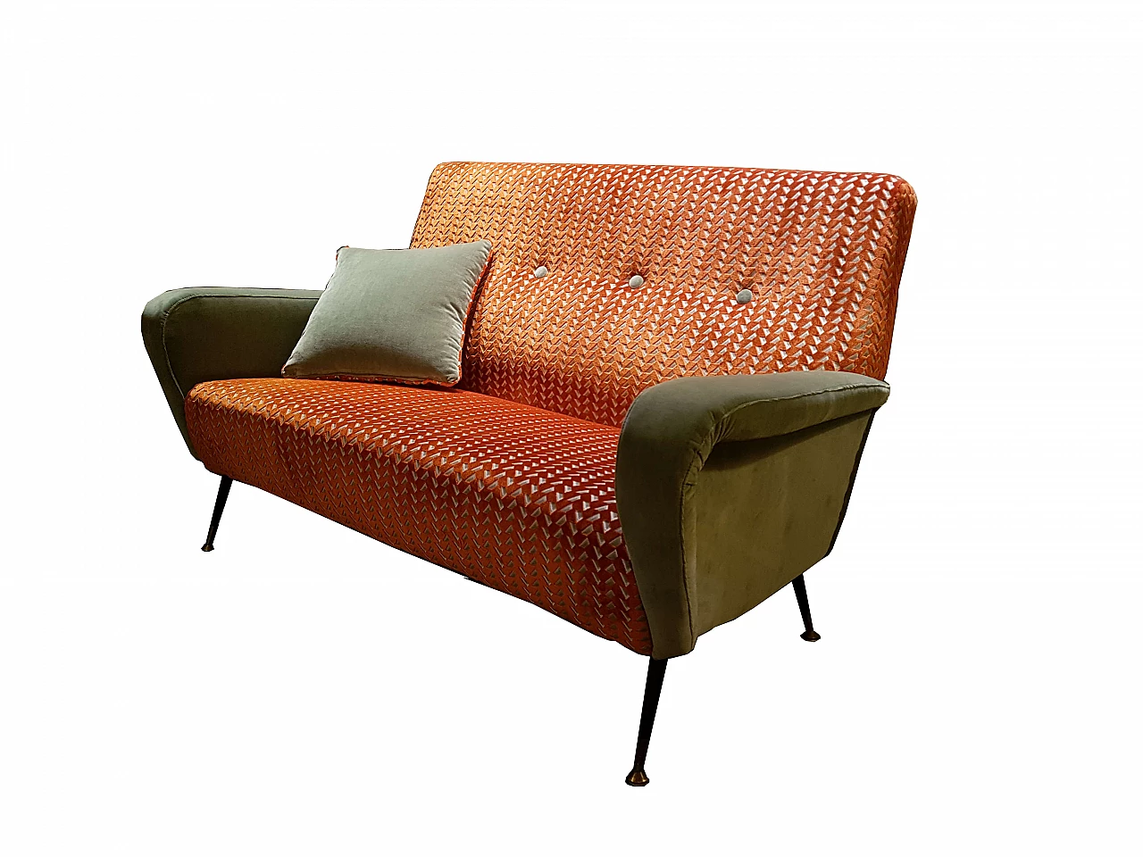 Two-seater metal and orange and green velvet sofa, 1950s 2