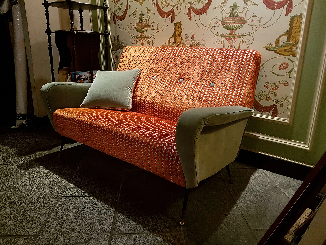 Two-seater metal and orange and green velvet sofa, 1950s 3