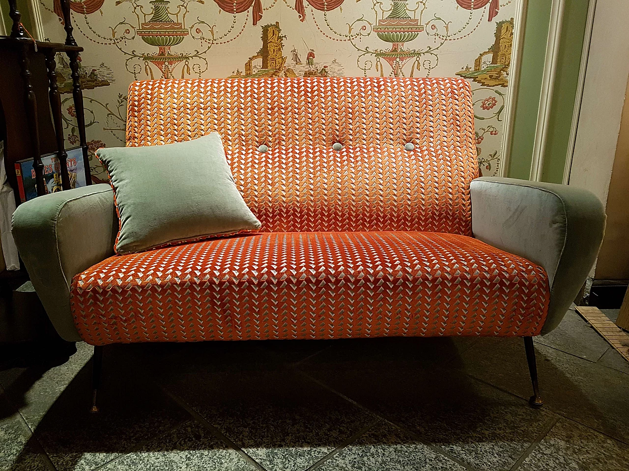 Two-seater metal and orange and green velvet sofa, 1950s 4