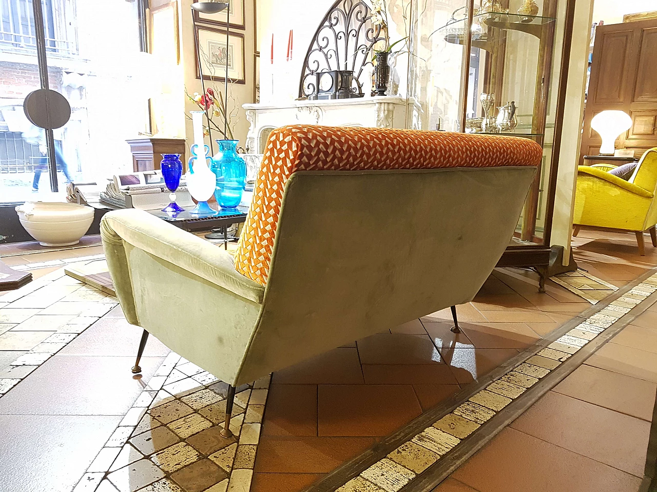 Two-seater metal and orange and green velvet sofa, 1950s 5