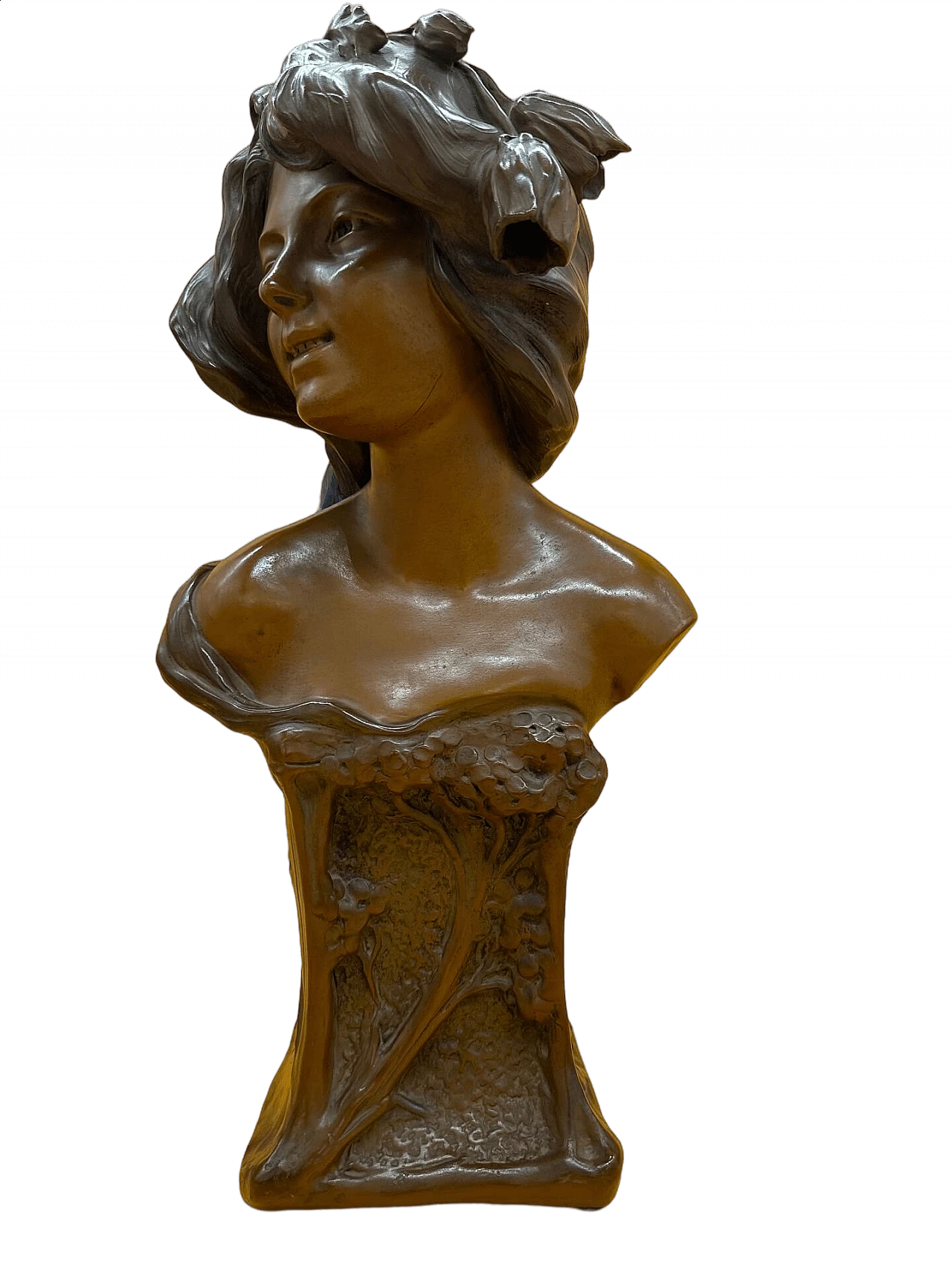 Bronze-plated terracotta bust of a young girl with decorations and flowers, early 20th century 4