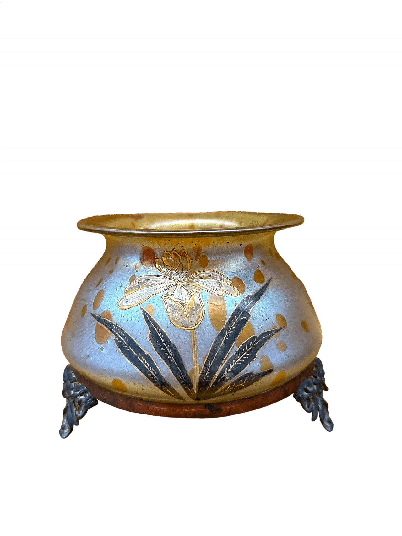 Iridescent glass vase with orchid and three flower feet in Lutz style, early 20th century 4