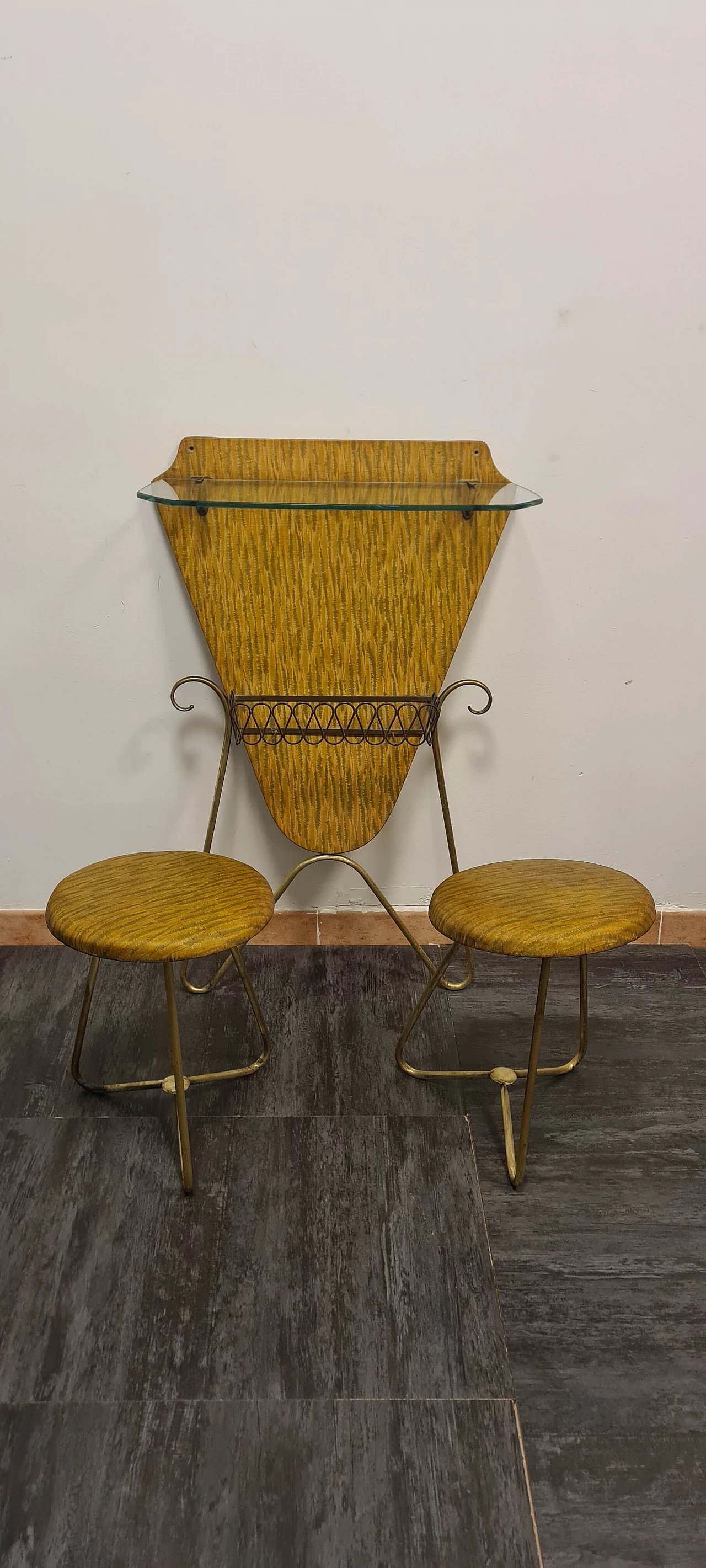 Brass, skai and glass console table with pair of stools, 1970s 2