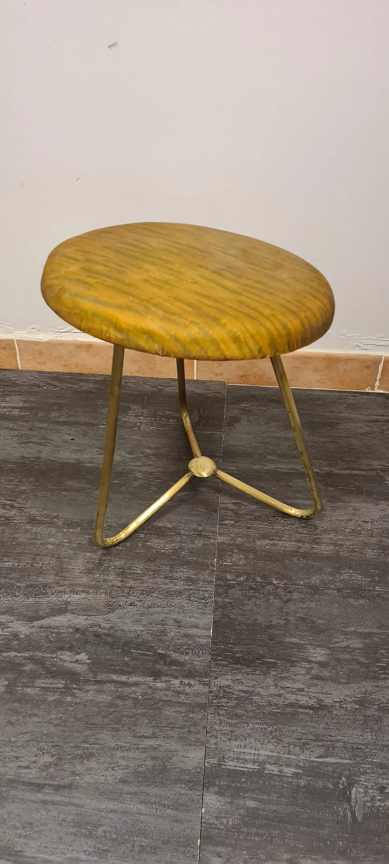 Brass, skai and glass console table with pair of stools, 1970s 8