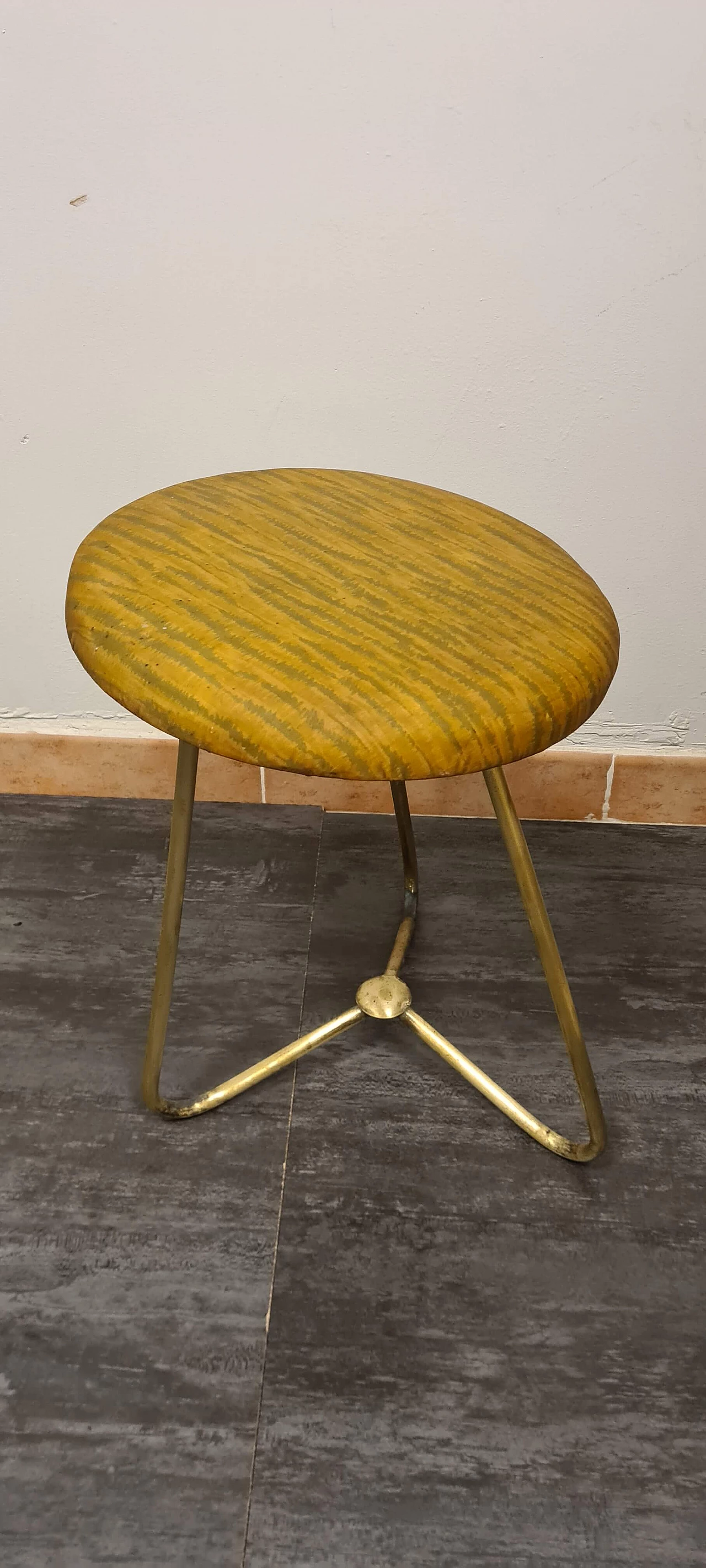 Brass, skai and glass console table with pair of stools, 1970s 9