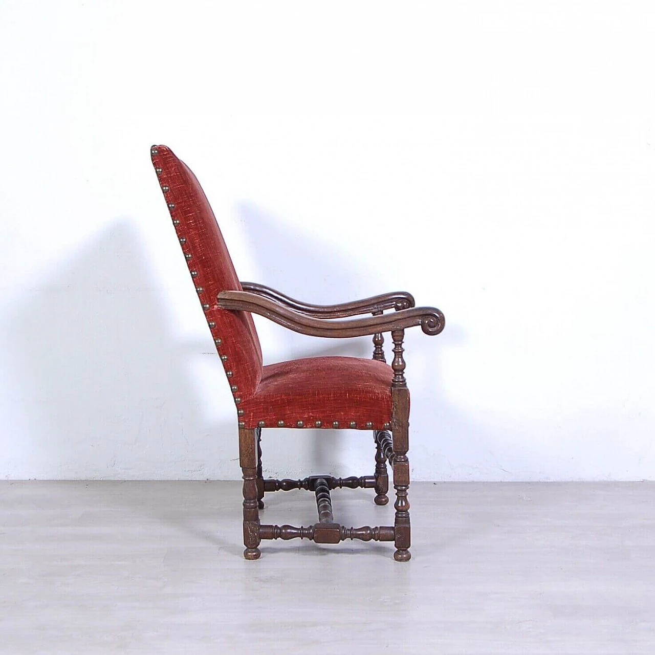 Turned walnut and brick red velvet armchair, mid-19th century 2