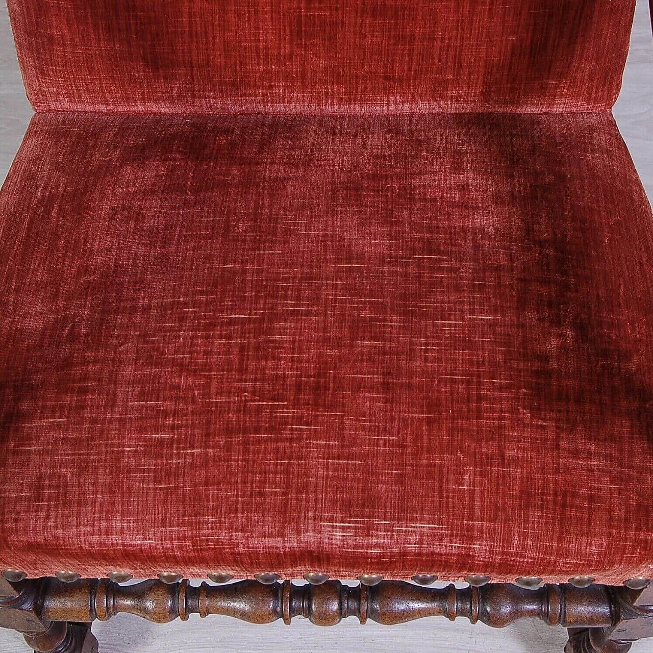 Turned walnut and brick red velvet armchair, mid-19th century 7