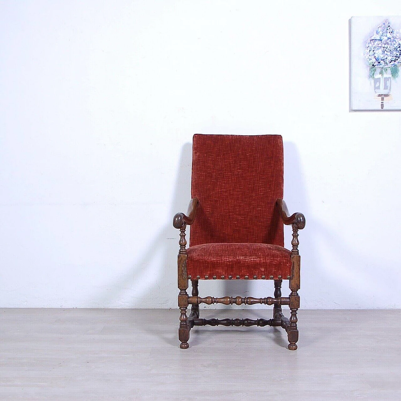 Turned walnut and brick red velvet armchair, mid-19th century 10