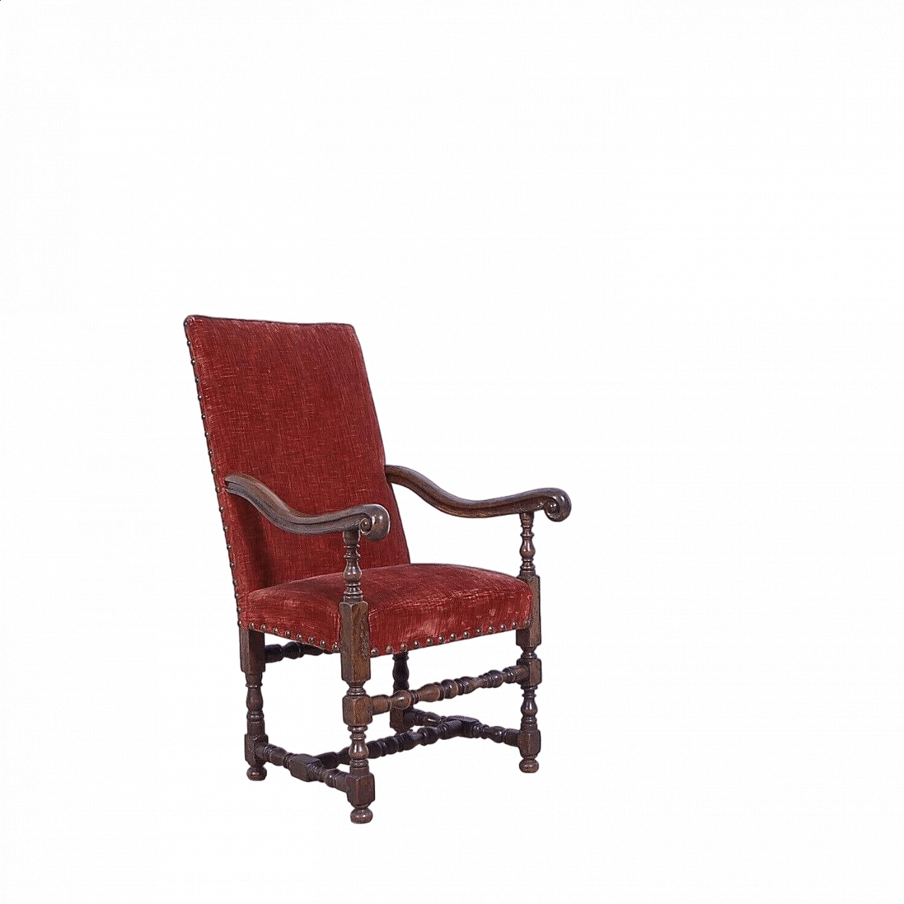 Turned walnut and brick red velvet armchair, mid-19th century 11