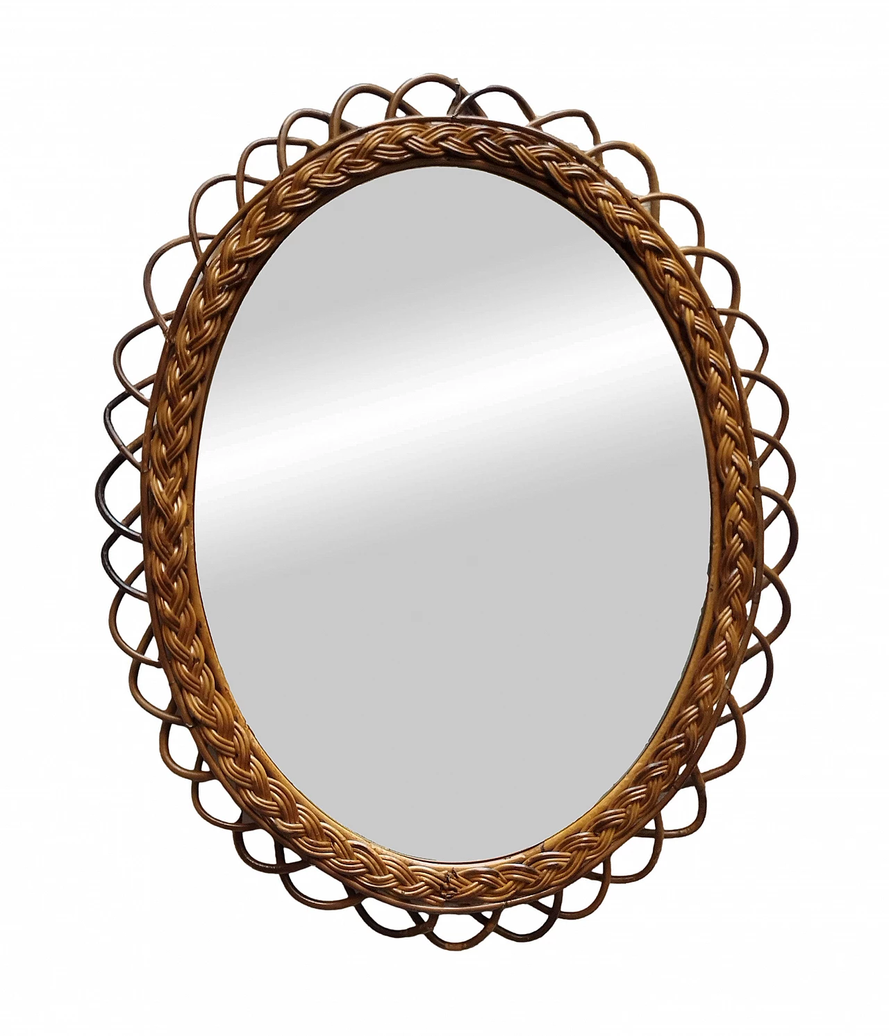 Oval wall mirror made of bamboo and rattan, 1960s 1