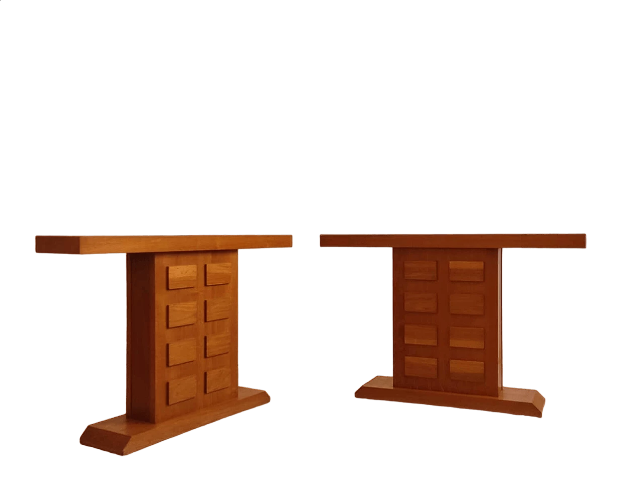 Pair of oak consoles with relief decoration, 1960s 11