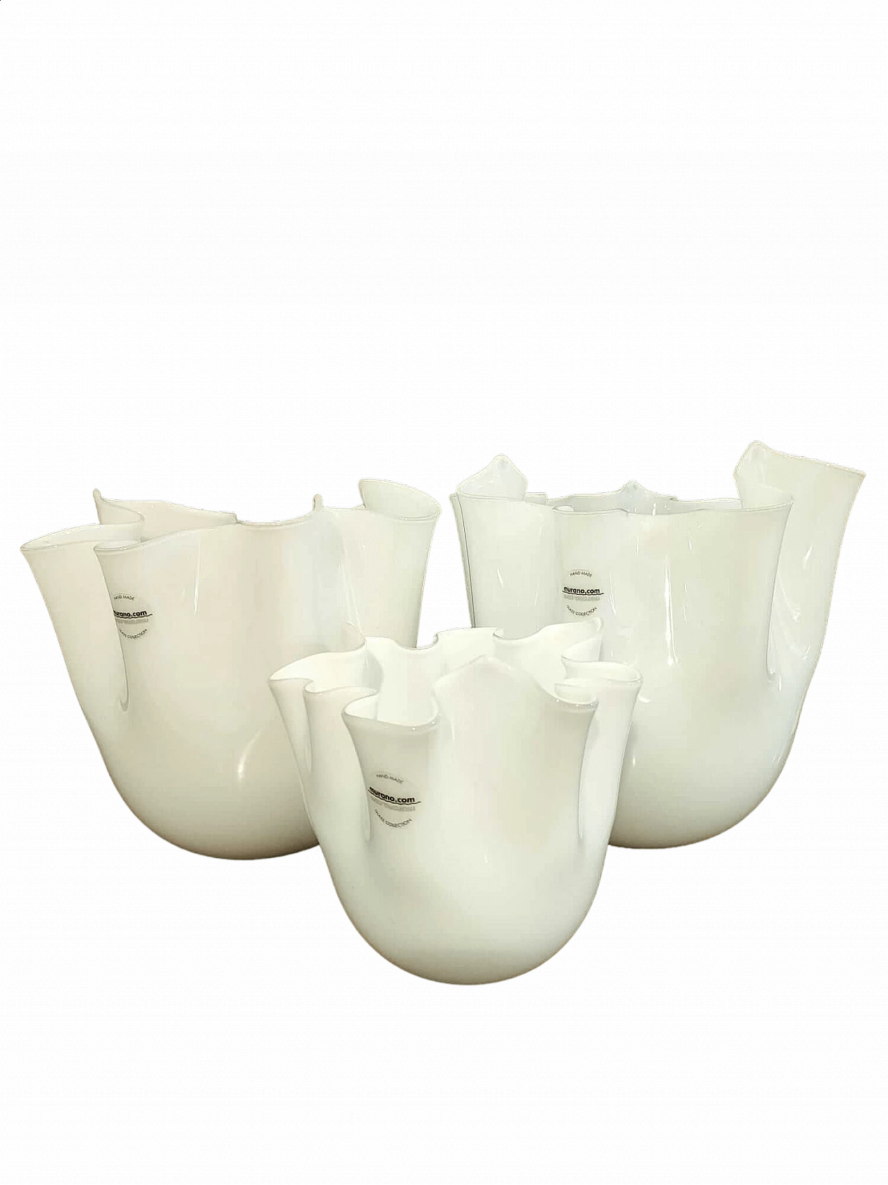 3 Fazzoletto vases in white opaline Murano glass 6