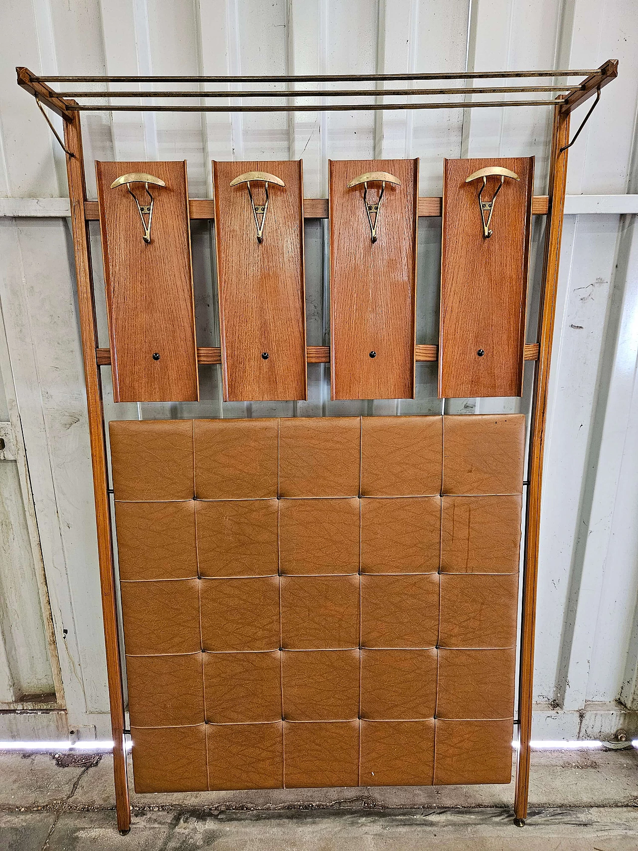 Wall-mounted coat rack in wood, brass and skai, 1950s 1