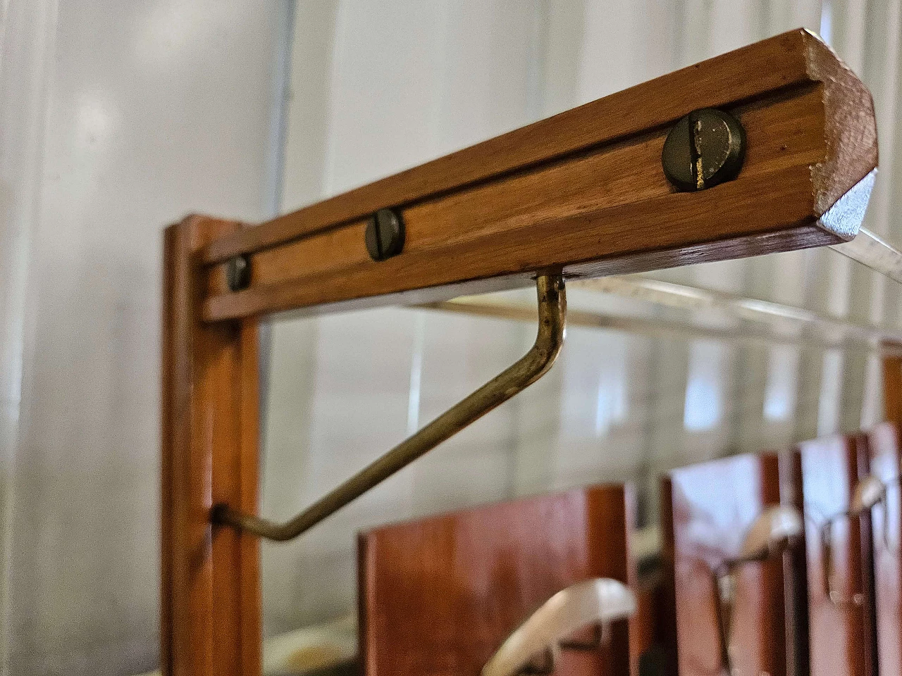 Wall-mounted coat rack in wood, brass and skai, 1950s 10