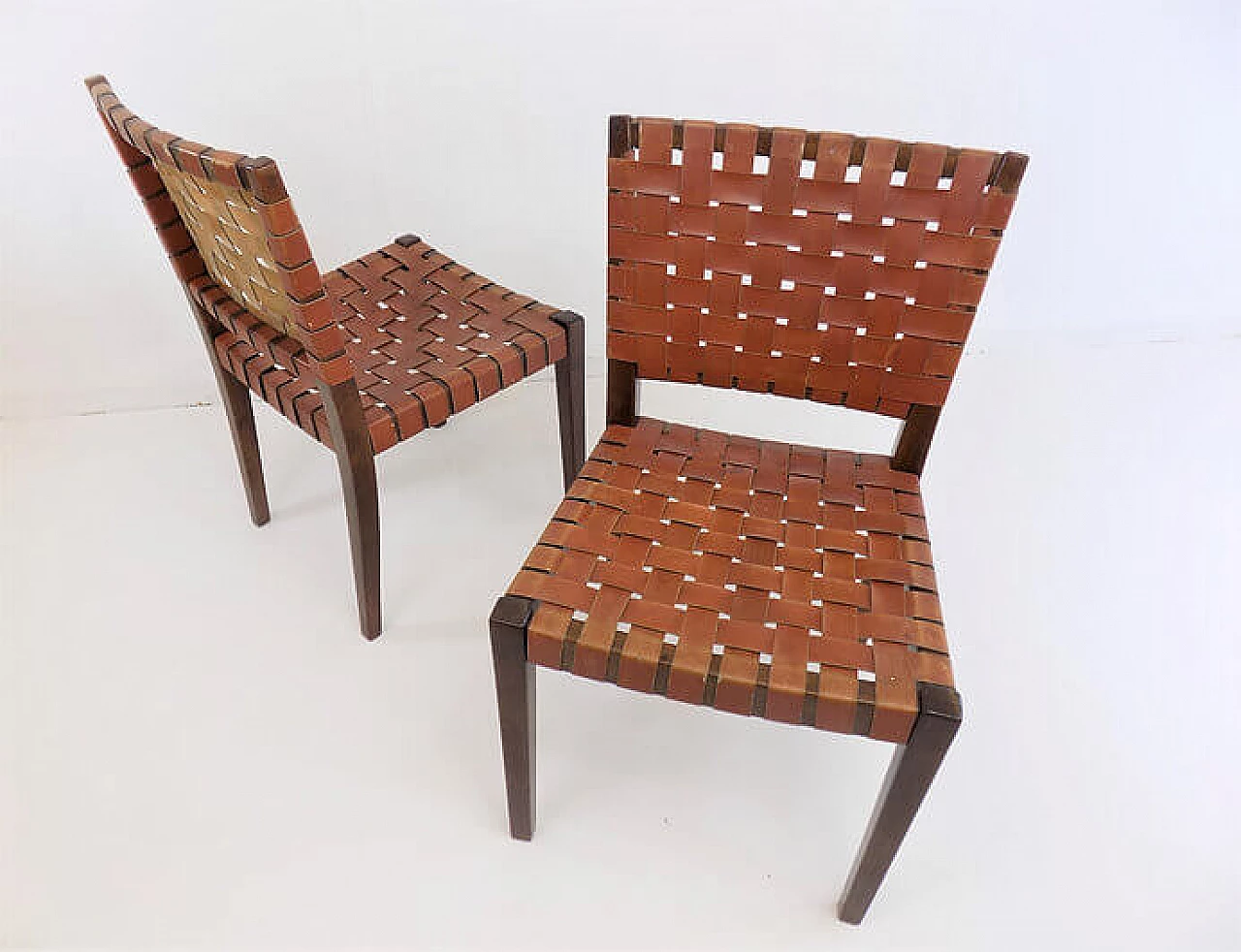 Pair of wooden chairs with brown leather weave, 1960s 1