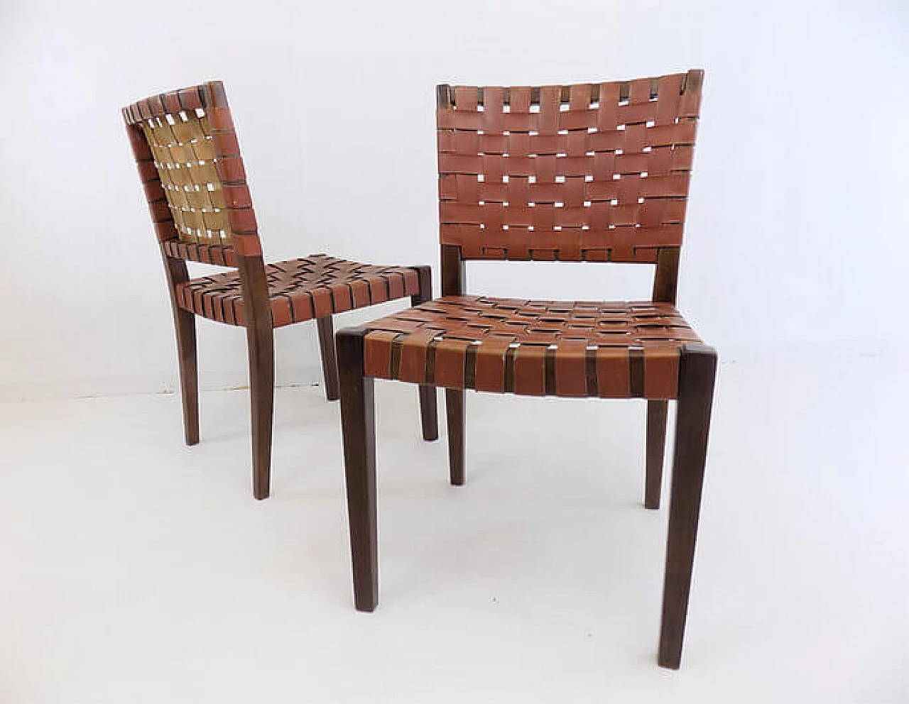 Pair of wooden chairs with brown leather weave, 1960s 2