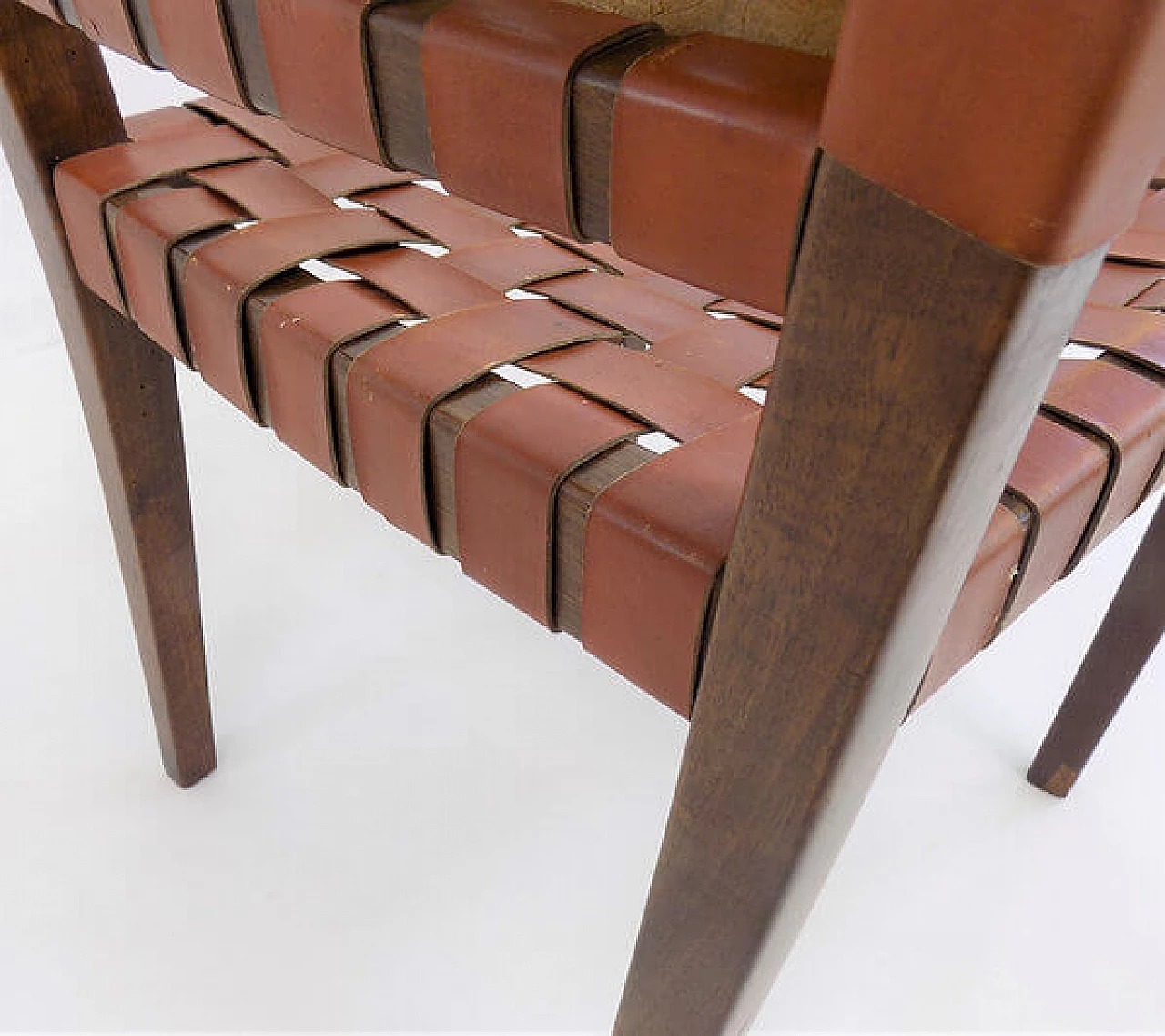 Pair of wooden chairs with brown leather weave, 1960s 3