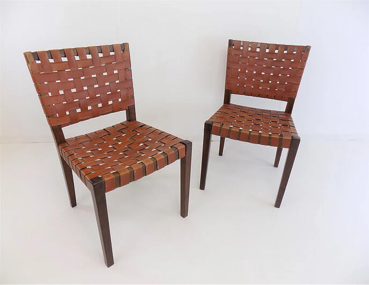 Pair of wooden chairs with brown leather weave, 1960s 4