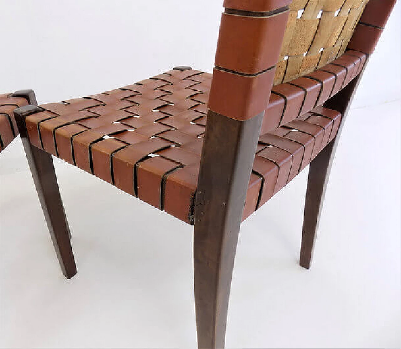 Pair of wooden chairs with brown leather weave, 1960s 5