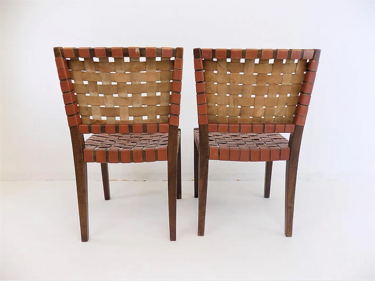 Pair of wooden chairs with brown leather weave, 1960s 6