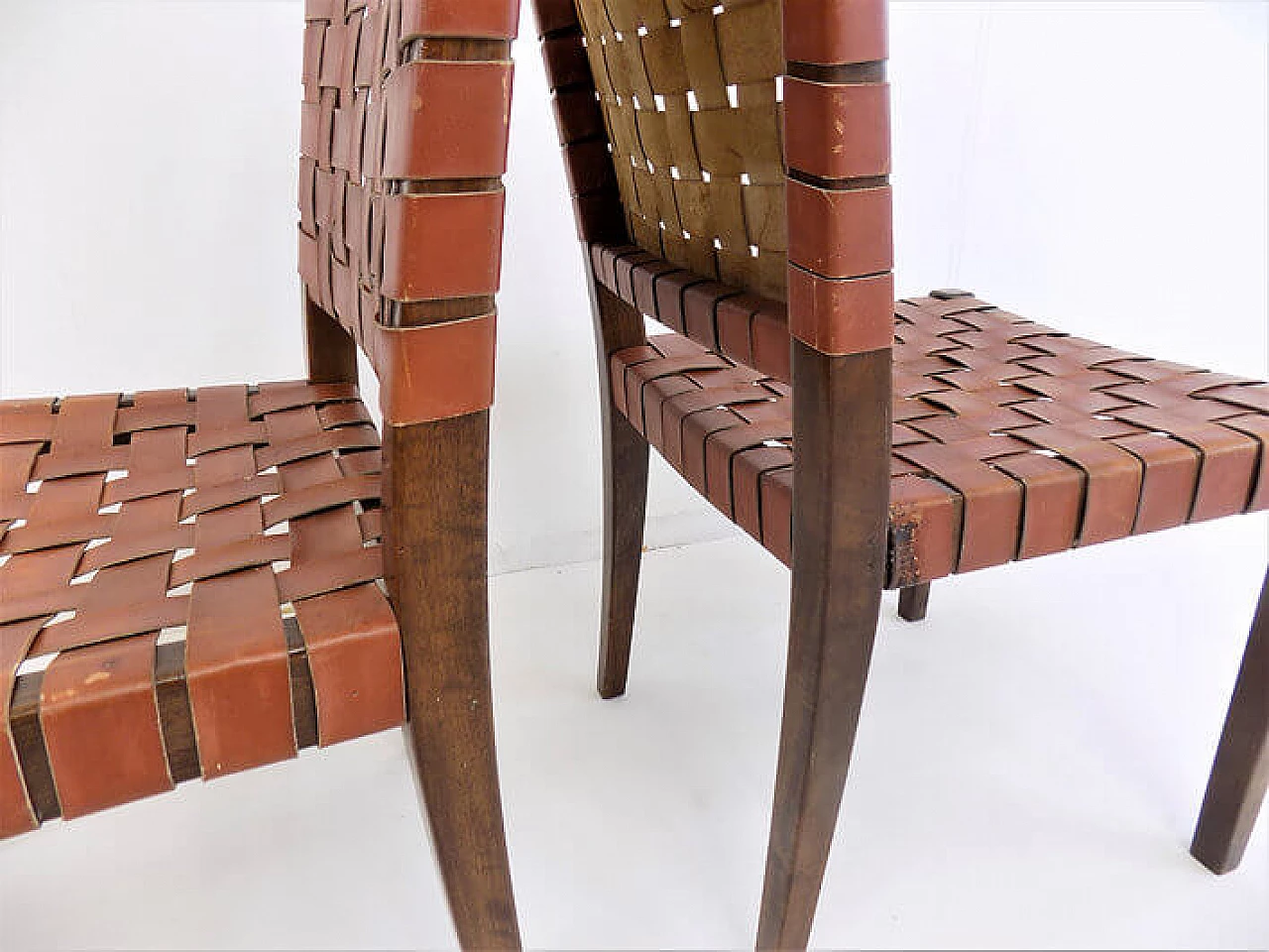 Pair of wooden chairs with brown leather weave, 1960s 7