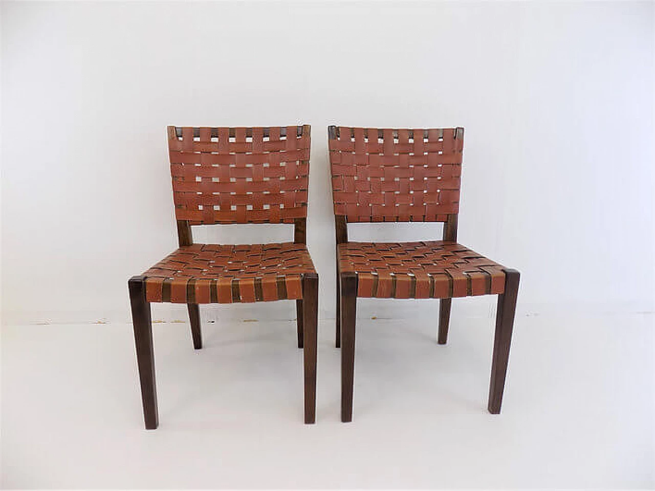 Pair of wooden chairs with brown leather weave, 1960s 8