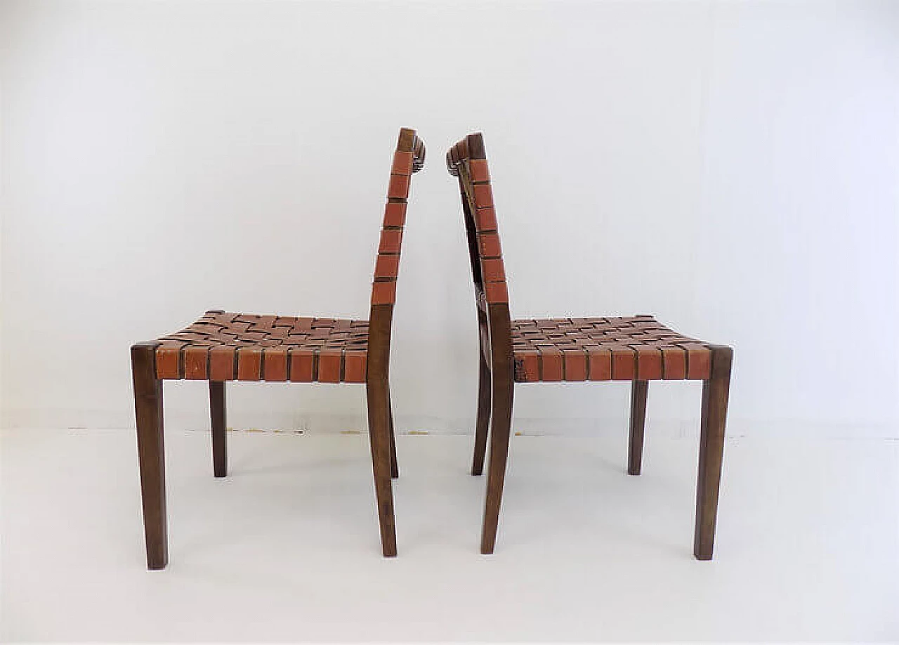 Pair of wooden chairs with brown leather weave, 1960s 9