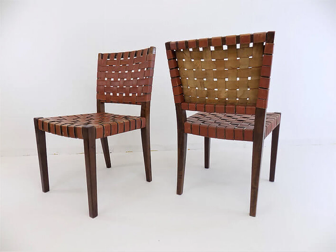 Pair of wooden chairs with brown leather weave, 1960s 10