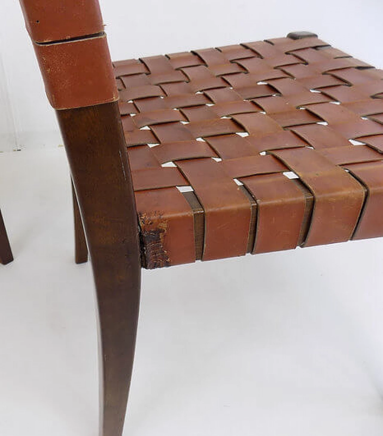 Pair of wooden chairs with brown leather weave, 1960s 12