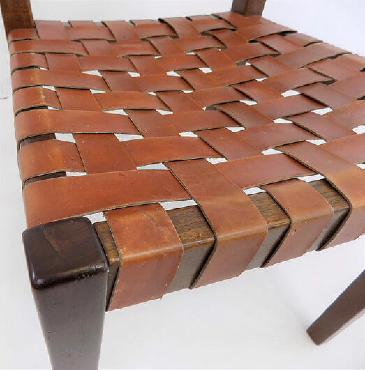 Pair of wooden chairs with brown leather weave, 1960s 13