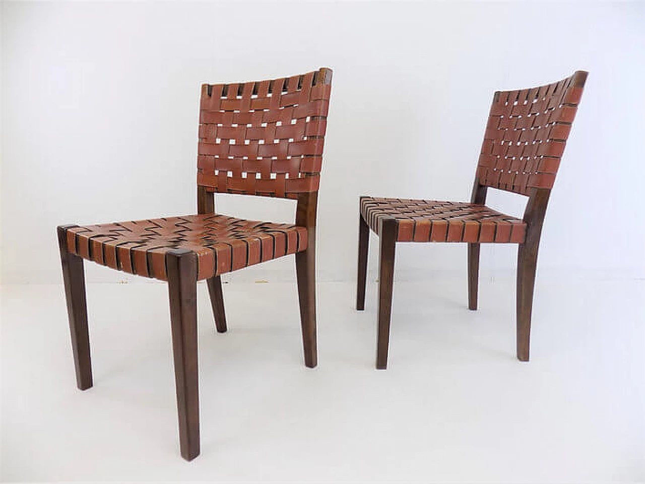 Pair of wooden chairs with brown leather weave, 1960s 14