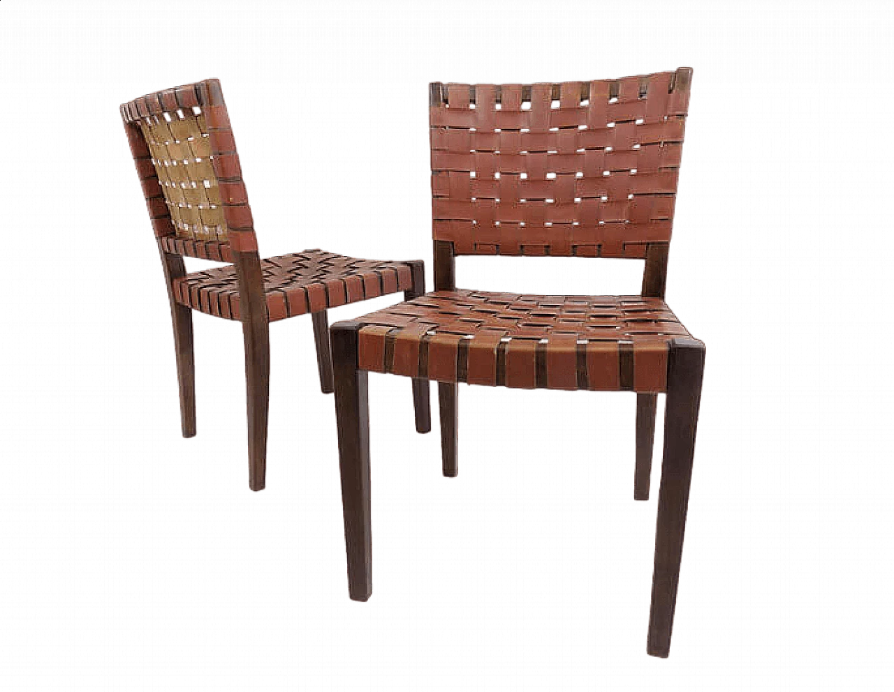 Pair of wooden chairs with brown leather weave, 1960s 15