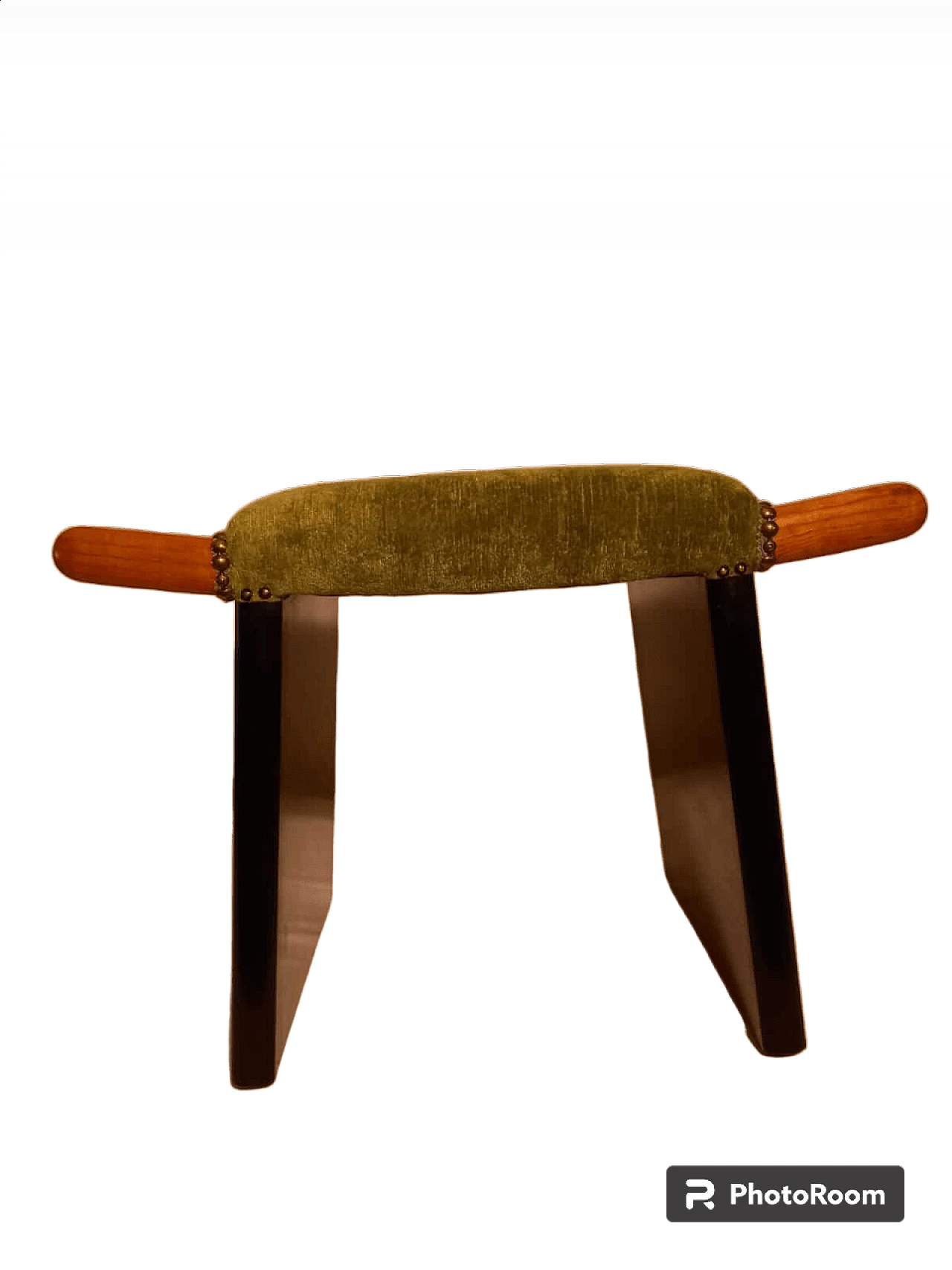 Art Deco wooden stool with green velvet seat, 1940s 4