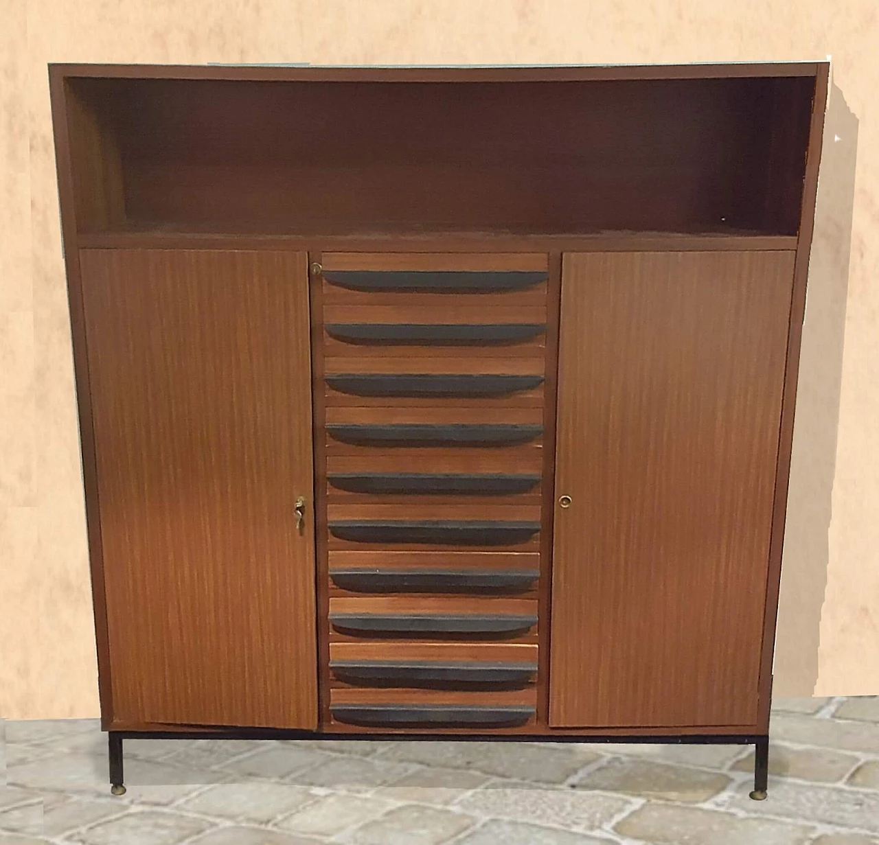 Varnished mahogany cabinet with central drop-down drawers, 1960s 1