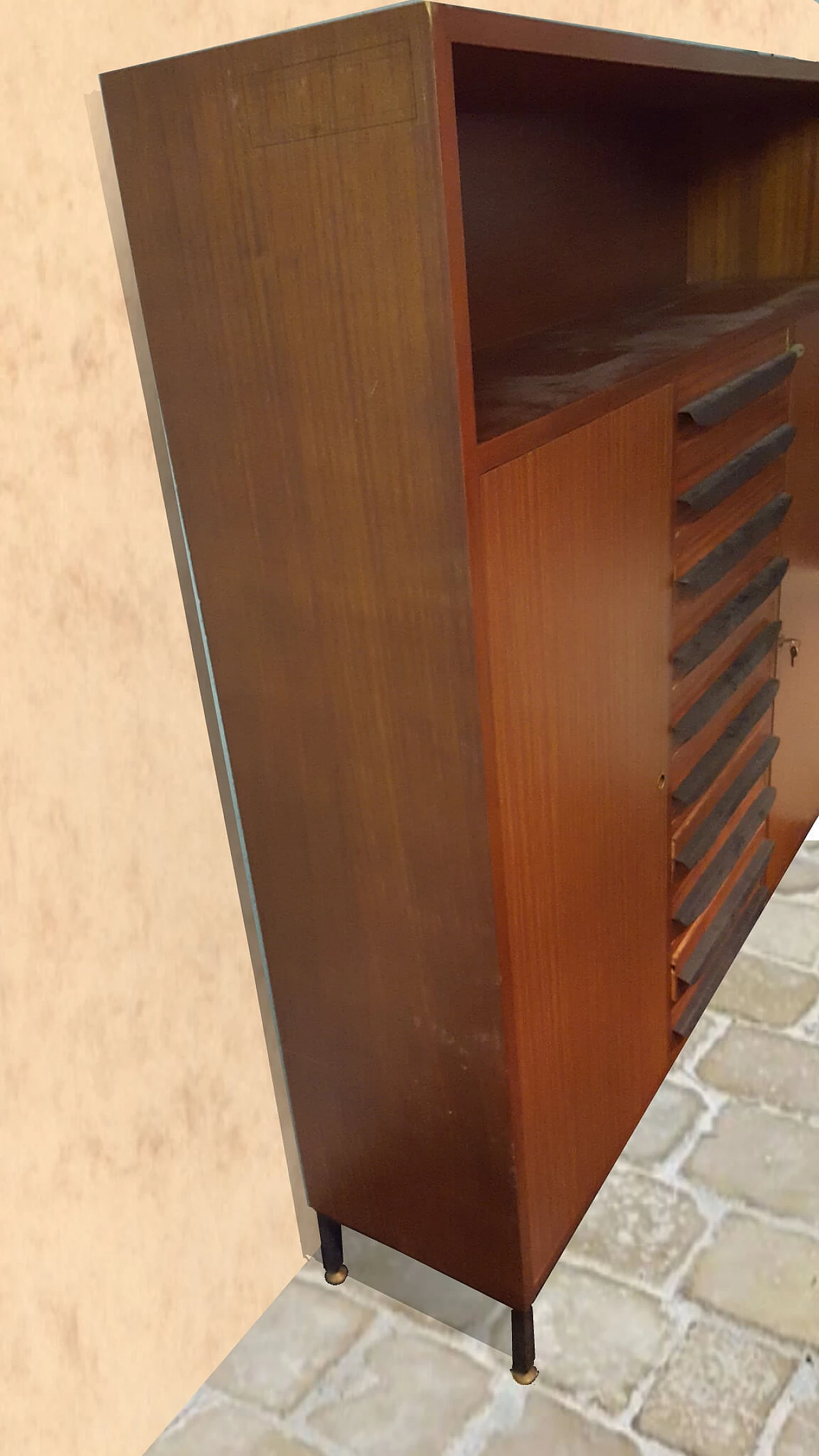 Varnished mahogany cabinet with central drop-down drawers, 1960s 4