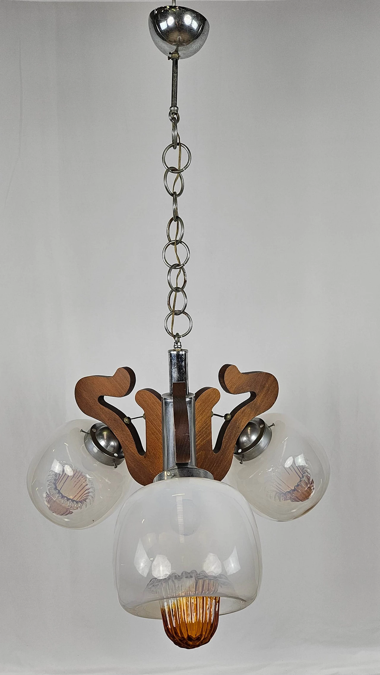 Three-light wood, steel and iron chandelier in AV Mazzega style, 1970s 1