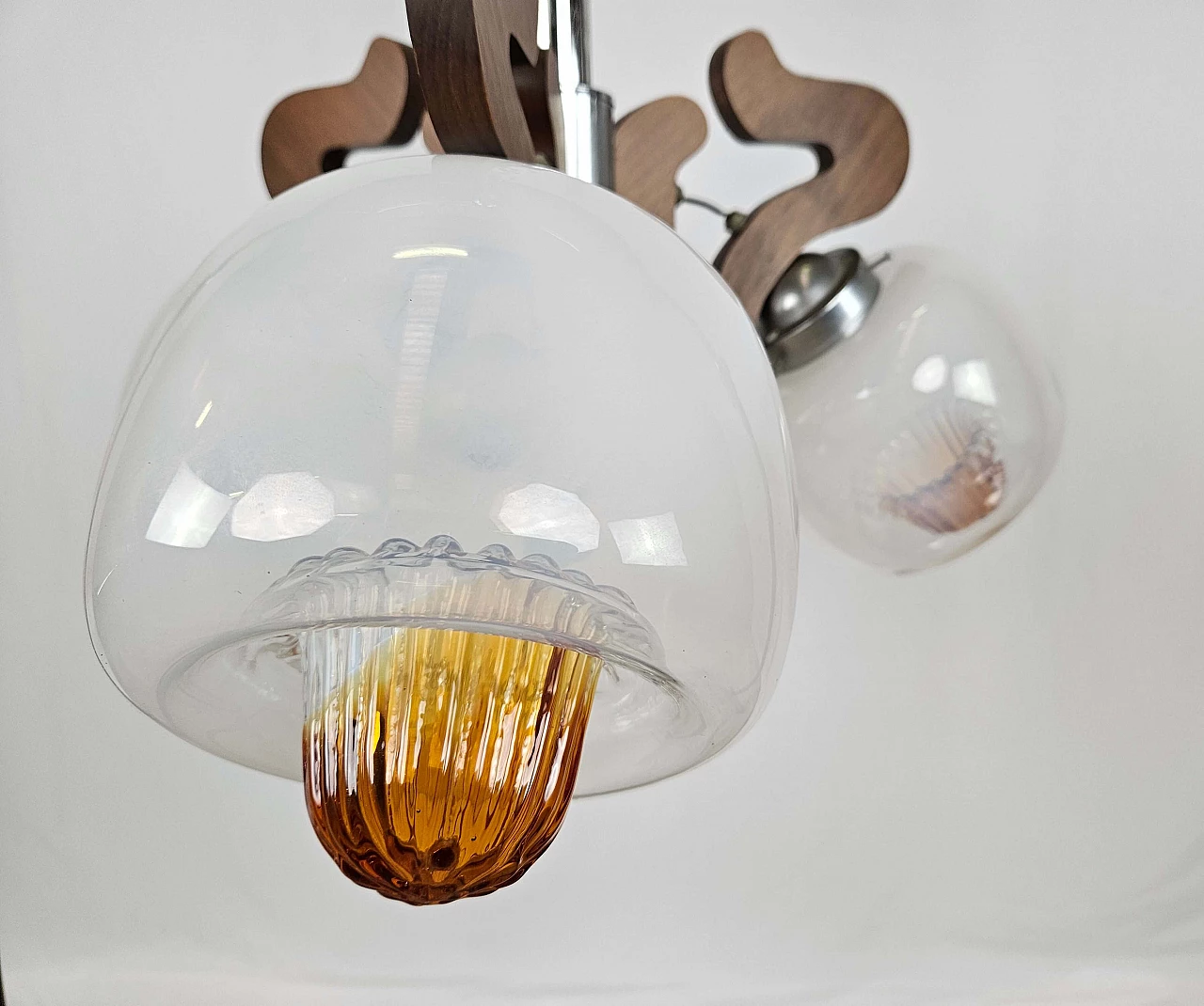 Three-light wood, steel and iron chandelier in AV Mazzega style, 1970s 2